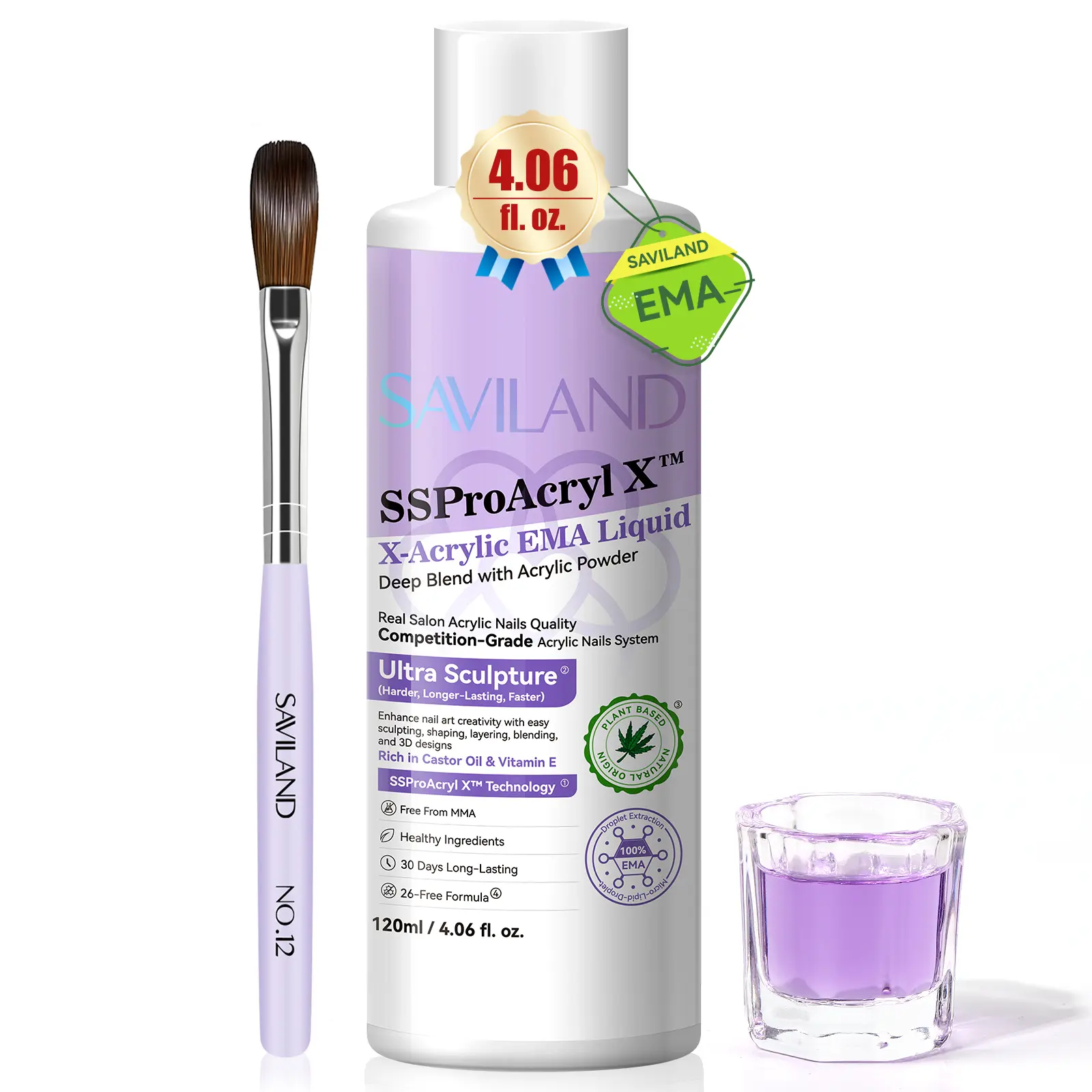 SAVILAND EMA Monomer Acrylic Nail Liquid (4 oz): Perfect for Acrylic Nail Extensions 12# Acrylic Nail Brush Dappen Dish for Beginners DIY at Home Use