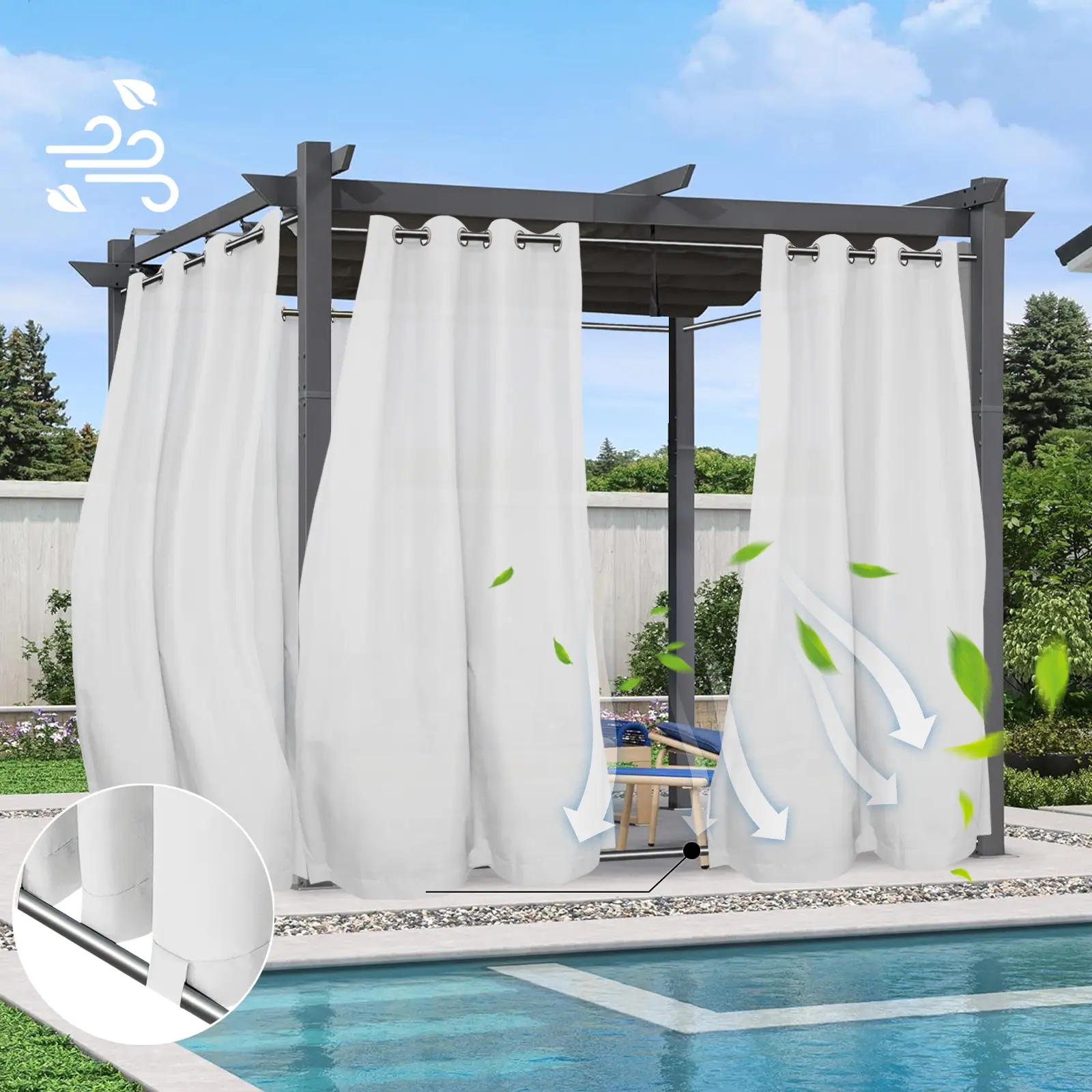 Easy-Going Waterproof Outdoor Curtains with Silver Stainless Steel Grommets, Steady Tab Bottom, UV-Block Privacy for Patio, Private Outdoor Nook (Textiles & Soft Furnishings)