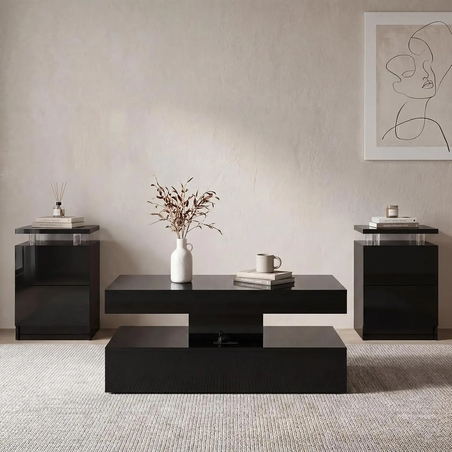 AOXUN Modern 3-Piece Living Room Set - Black Finish with LED Lights, Coffee Table & Pair of Storage-Drawer End Side Tables