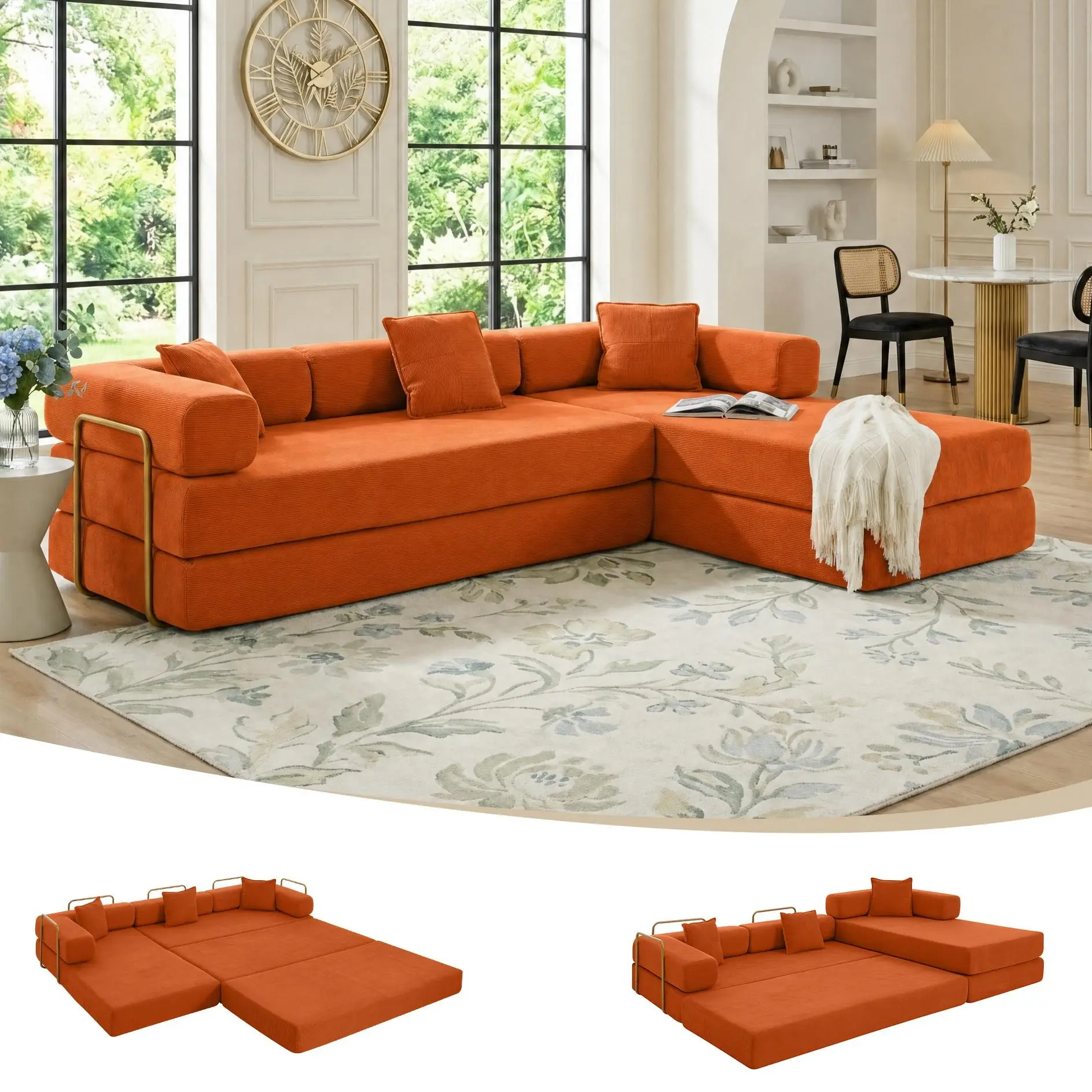 Eyisean 108" Modular Sectional Sofa Bed, Corduroy L-Shape Boneless Couch, Boneless Couches for Living Room, Futon Convertible Sofa Bed, Pull Out Couch with Fixed-Shape Frame, Sleeper Sofa, Free Combination, No Assembly Required