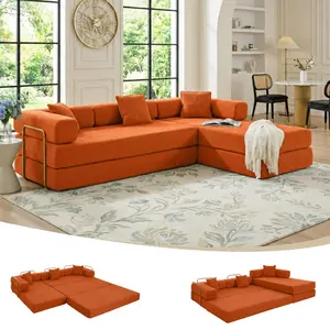 Eyisean 108" W Corduroy Convertible Floor Sofa Bed, Oversized Compression Sofa with Chaise & Pillows, No Assembly Required, Futon Lazy Boneless Couch for Living Room/Apartment