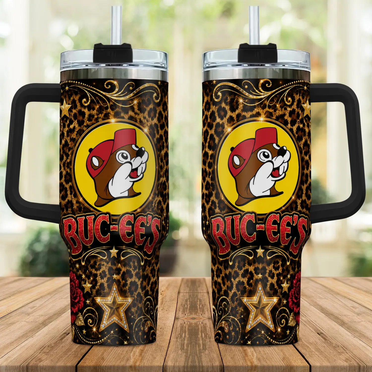 Buc-ee’s Leopard Western Tumbler 40oz, Cute Beaver Texas Travel Cup With Handle & Straw, Cowgirl Country Print Stainless Steel Tumbler, Funny Gift for Buc-ee’s Fans