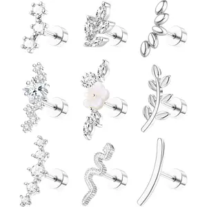 ZELORES  9Pcs Flat Back Cartilage Earrings for Women Trendy 16G Tragus Conch Helix Piercing Jewelry Stainless Steel Snake Star CZ Flat Back Stud Earrings Set