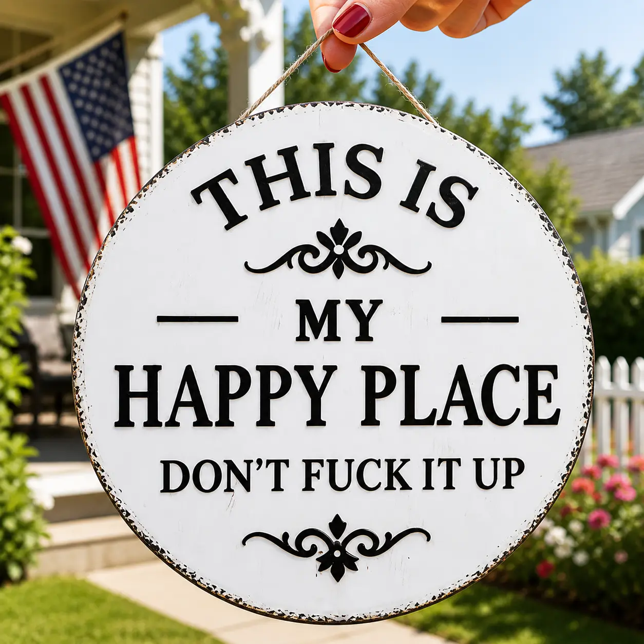Funny Happy Place Metal Tin Sign Funny Garden Metal Sign, 12×12 Inch Round Vintage Wall Decor, Rustic Farmhouse Hanging Plaque with Bold Humor for Home Office Porch Bar Cabin