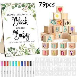 79pcs Party Favors Blocks Games Sets with Decorate a Block Game Sign 30 DIY Blank Wooden Block 36 Stencils 12 Marker for BabyShower First Birthday Party Supplies Gender Reveal Personalized Gifts