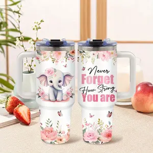 1pc 40oz Floral Elephant Design Stainless Steel Tumbler with Handle Lid & Straw Double Wall Insulated Coffee Mug BPA Free Easy Clean Wide Mouth Gifts for Friends Family Home Use Drinkware