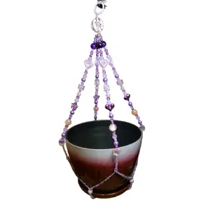 Purple Plant Hanger with Beaded Design -short- for Hanging Pots and Planters Organiser Hangable Decorative
