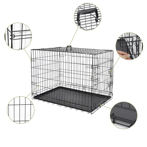 Segawe Collapsible Wire Metal Dog Crate - 30/36/42 in Durable Steel Frame, Quick Setup, Plastic Leak Tray, Dual Doors for Easy Access, Indoor Safe Escape-Proof Kennel, 23.5/44 lbs Capacity, Fold Flat in Secs, Black Enclosure