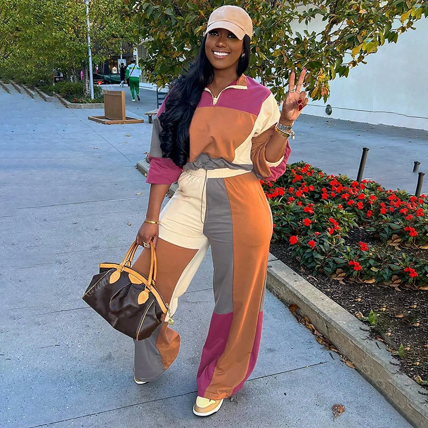 USBoutiqueCHIC Women’s Multi Color Block Half Zip Crop Top & Wide Leg Pants Two Piece Tracksuit | Curvy Athleisure Lounge Set