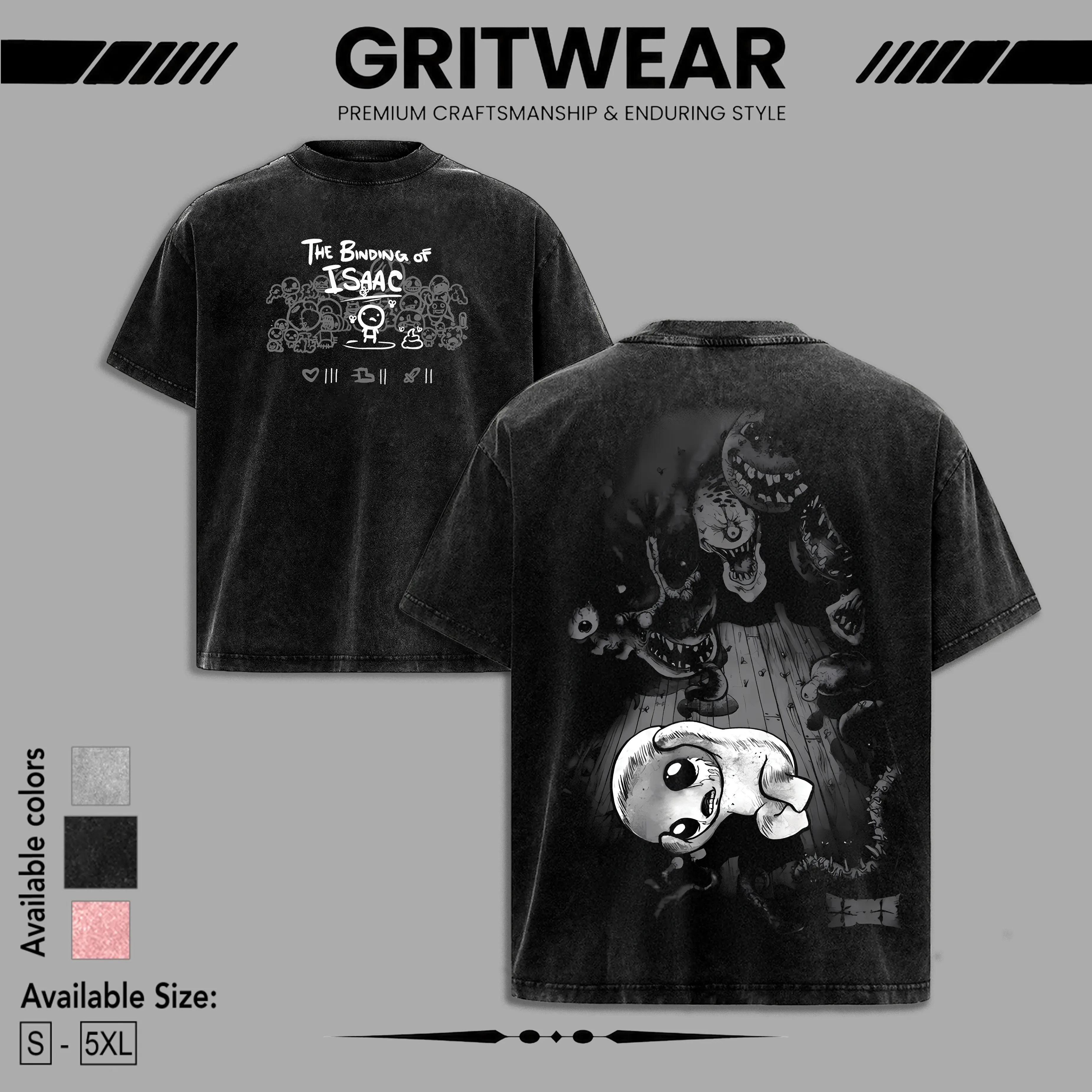 Binding of Isaac indie horror game Oversize Washed Tshirt, Hoodie 2 Sided Soft Cotton unisex Streetwear Tops 90s graphic tees
