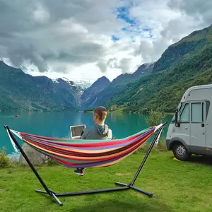 Basics Double Hammock with Space Saving Metal Stand, Indoor Hammock Stand with Carrying Bag, Strong Load-Bearing, Striped Print