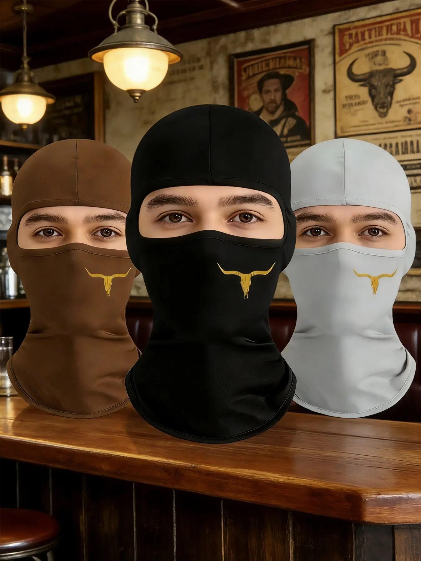3pcs Unisex Bull Head Printing Balaclava Mask Full Face Ski Mask Protective Gear for Men Women Suitable for Outdoor Sports Daily Wear Gift Hat