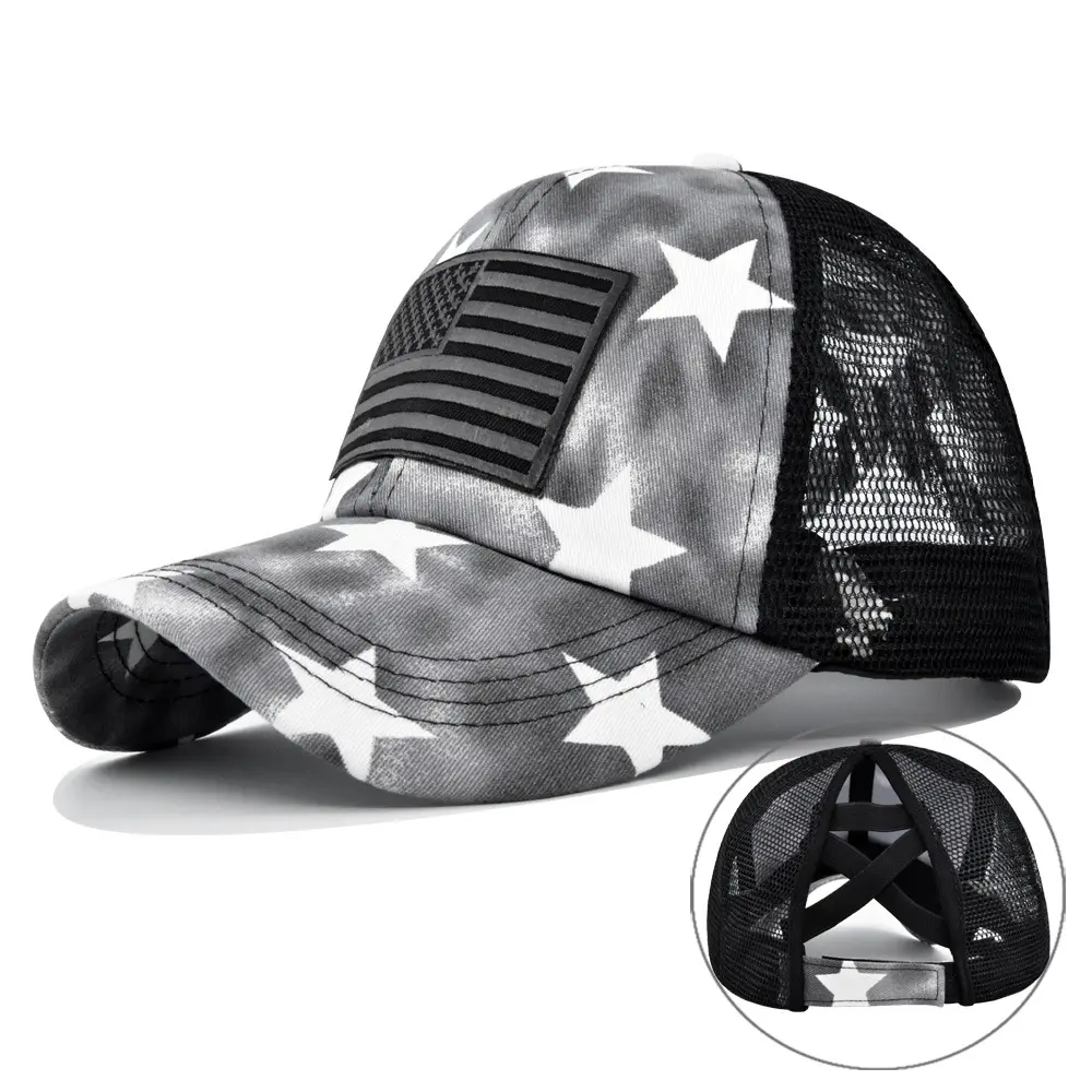 USA Flag Patch Ponytail Trucker Hat, Star Print Criss Cross Mesh Baseball Cap, High Bun Elastic Back Sun Cap for Women Outdoor