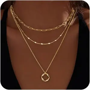 Gold Necklaces for Women, Stackable Dainty 14K Gold Silver Plated Trendy Circle Paperclip Chain Pendant Choker Necklace