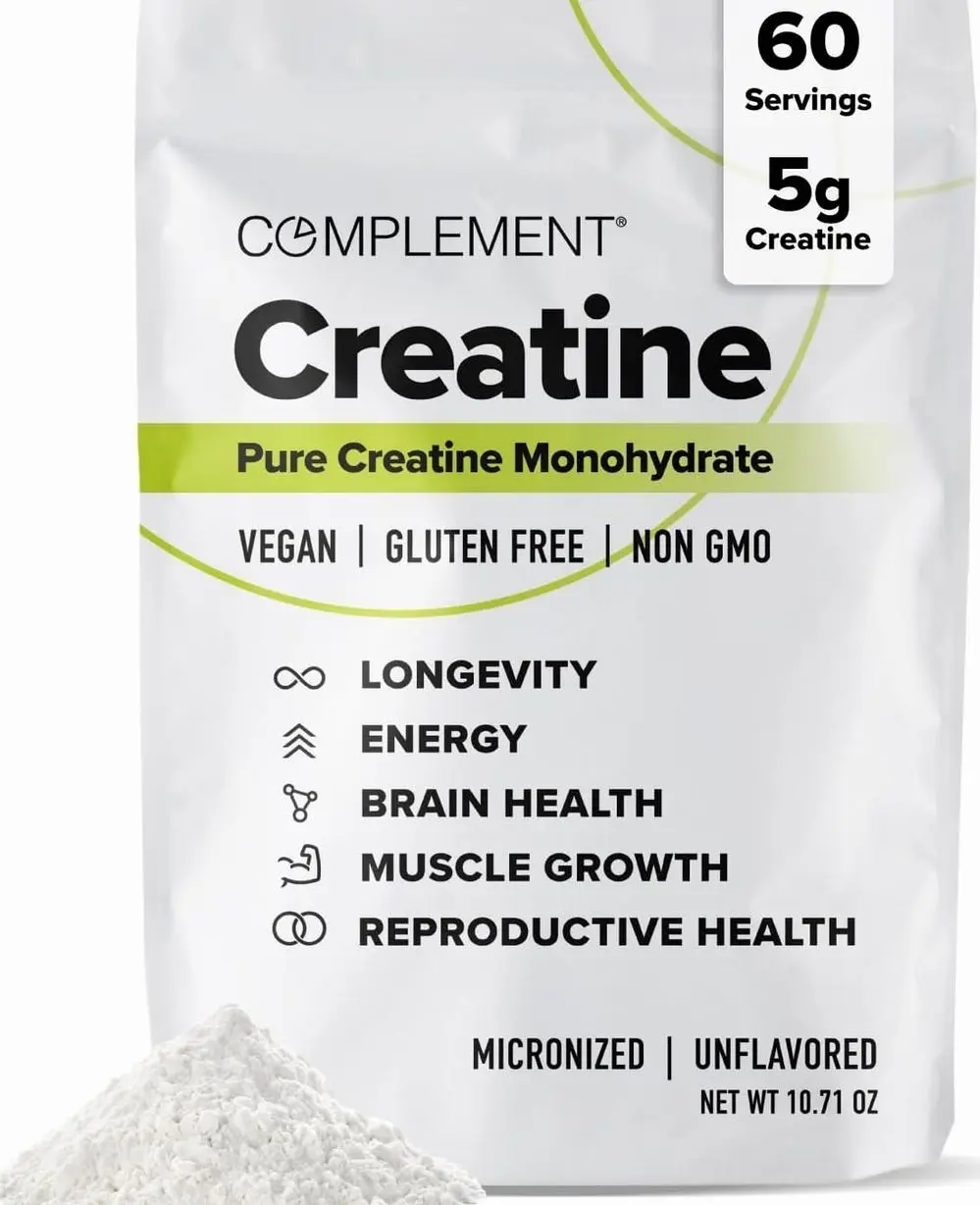 Complement Creatine Monohydrate Micronized Powder for Women and Men (5g, 60 Servings) Pre Workout, Post Workout, Muscle Recovery, Brain Health, Longevity- Vegan, Unflavoredundefined