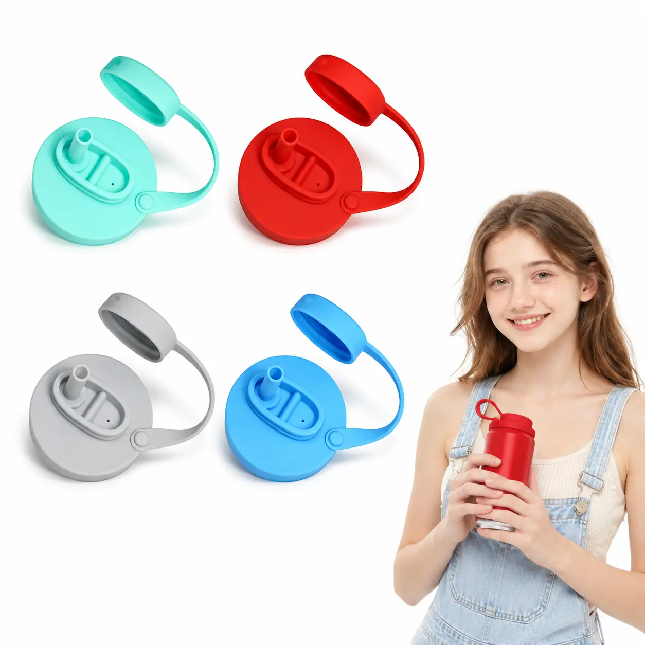 4-Pack BPA-Free Reusable Silicone Soda Can Lids with Straw & Handle, Leakproof Airtight Kitchen Can Covers for Soda, Sparkling Water & Outdoor Drinks