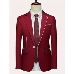 Men'S Casual Work Blazer Suit Jacket - Polyester 100% Solid Color Lapel Collar, Regular Fit, Non-Stretch Fabric, Button Detail, Woven, 200gsm Lining - Spring/Fall Season, Plus Size Menswear Long Sleeve Formal Red