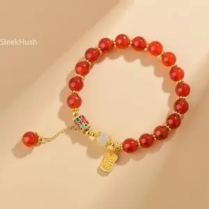 Retro Synthetic Red Agate Bead Bracelet - Unisex Lucky Bracelet for Sports & Outdoor Protective Gear Use, Unique Gift for Family or Friends