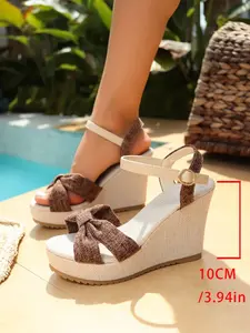 New Summer Bow Grass Wedge Sandals for Women, High Heel One Strap Heeled Roman Shoes, Fashionable PU Leather and Rubber Sole, All Seasons