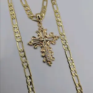 CROSS necklace with clear stones Gold-plated figaro chain style