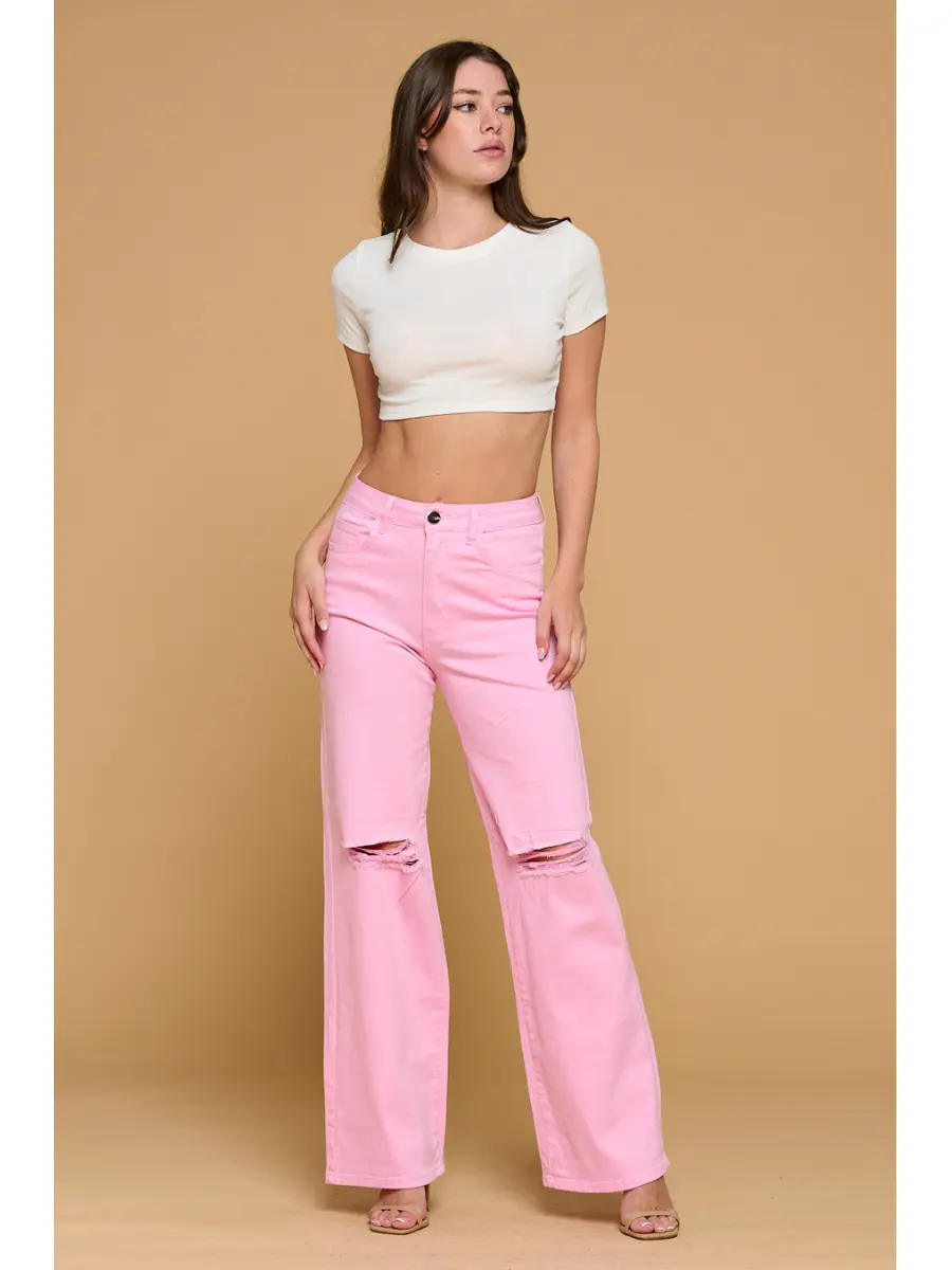 Lover Brand Fashion Women's High-Waisted Colored Wide-Leg Jeans - Super Stretchy Denim Fabric, Button Closure, Casual Elegant Day Wear, Spandex-Cotton Blend, Tops-Crop Tops Pairing Option (LVB-230)