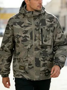 Men's Camouflage Waterproof Windproof Drawstring Hooded Jacket, Casual Long Sleeve Outdoor Coat with Zipper Pockets, All-Season Wear