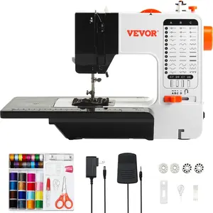 VEVOR Sewing Machine, Portable Sewing Machine for Beginners with 38 Built-in Stitches Reverse Sewing, Dual Speed Sewing Machine with Extension Table Foot Pedal, Accessory Kit Family Home Travel