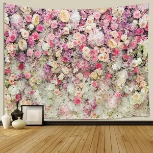 Floral Wall Tapestry for Girls, Colorful Pink Yellow Rose Flower Hanging Bedroom, Romantic Spring Aesthetic Beach Blanket College Dorm Home Decor