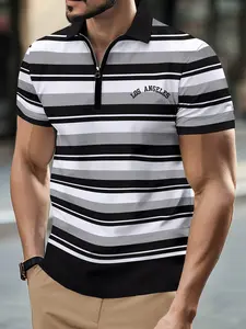 Men's Summer Casual Knit Polo Shirt, Letter Stripe Print Design, Fitted Short Sleeve Top for Men, Stylish & Comfortable Daily Wear, Striped, Chic Fashion Casual