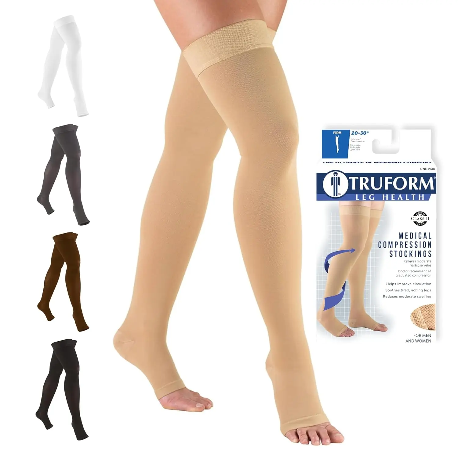 20-30 mmHg Compression Socks for Men and Women, Thigh-High Length, Dot-Top Design, Open Toe, Beige, Medium Size, Sock