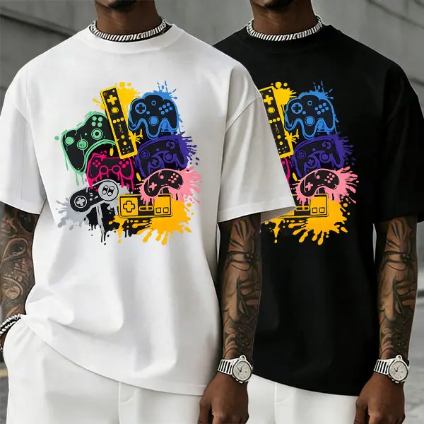 Men's 100% Pure Cotton Short-Sleeve T-Shirt - Retro Game Controller Neon Graffiti Graphic, Relaxed Loose Fit, 90s Nostalgia Streetwear, TikTok 2025 Trend, Menswear Top, Round Neck, Under $10 Must-Have Vintage Stylish Tee