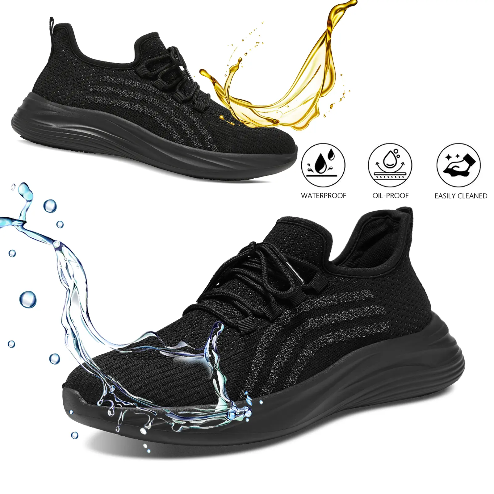 Casual black men's shoes with soft soles, slip-on design, waterproof, oil-resistant, and non-slip; chef shoes that are slip-resistant, waterproof, oil-resistant, breathable, suitable for waitstaff and workers. DealsForYouDays
