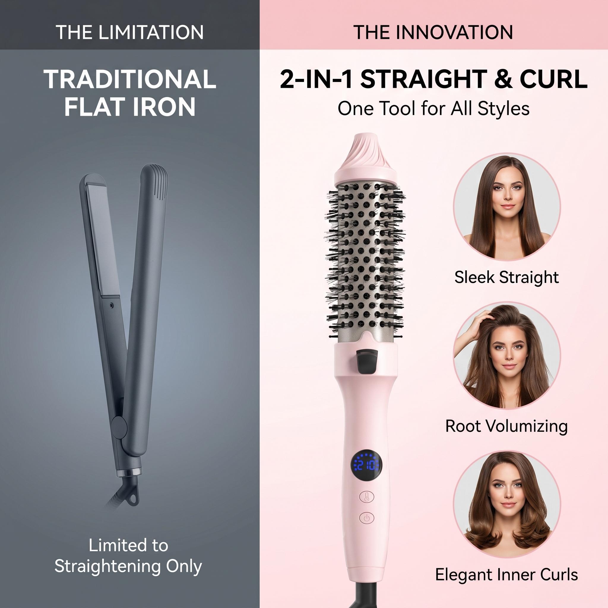 1.5-Inch Ionic Heated Styling Brush with 11 Heat Settings – Fast Smoothing & Natural Waves for Fine to Medium Hair (Pink)
