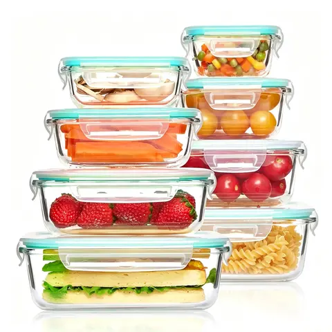 Reusable Glass Food Storage Containers - Extra-Large Rectangular Airtight Leakproof Stackable Meal Prep Lunch Boxes with Lids, Microwave-Safe, Includes Cleaning Sponge, for Office Workers, Camping Cold Lunch, Totes/Coolers, Maintains Freshness