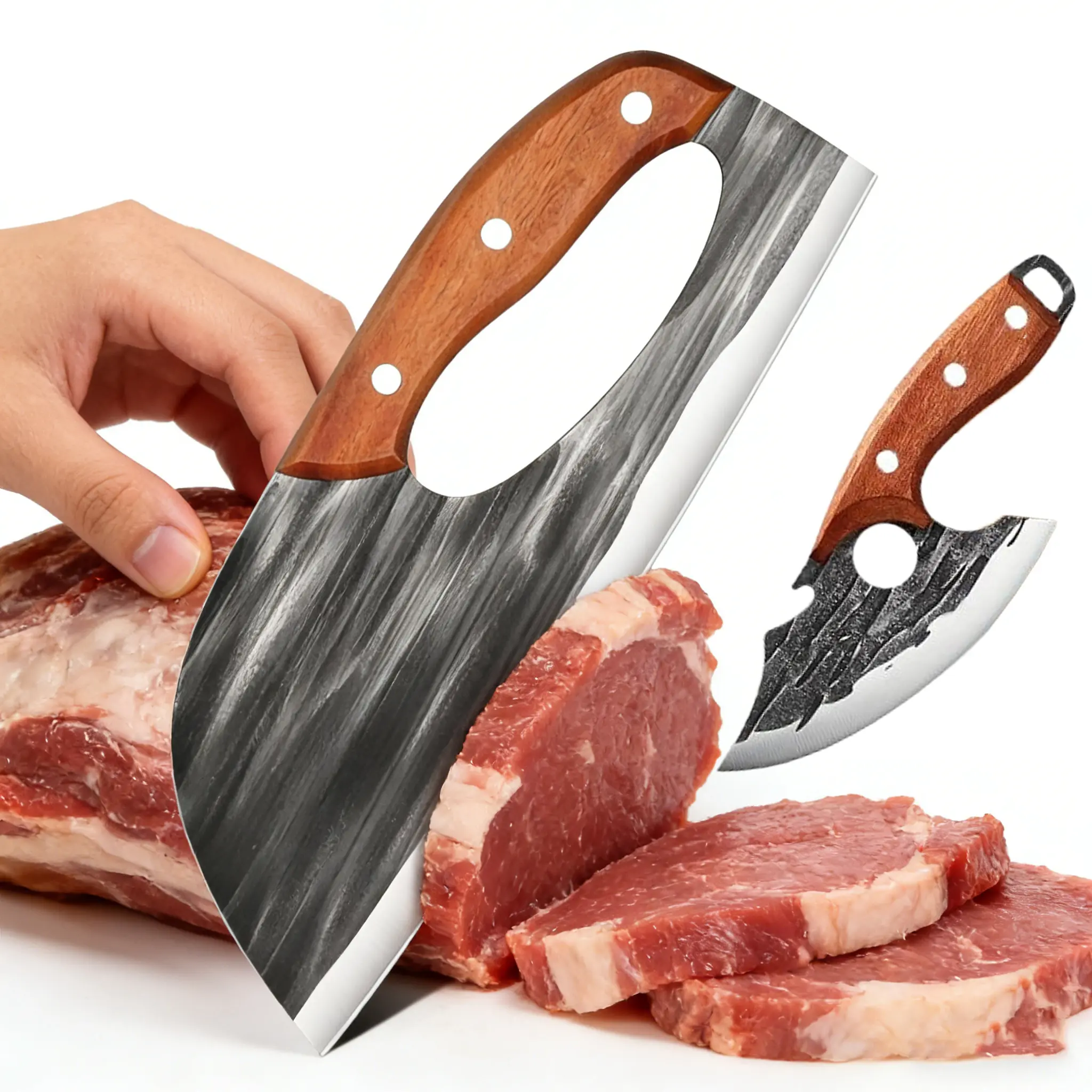 2Pcs Super Kitchen Set, AWEE Hand Forged High Carbon Viking Butcher Cleaver & Chef Slicing with Wood Handle, Full Tang Knives for Household Cooking, Meat Cutting, Outdoor BBQ & Camping, Gift For he/her Block Wooden