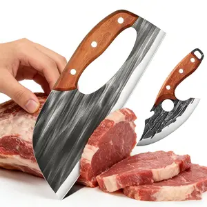 2Pcs Super Sharp Kitchen Knife Set, AWEE Hand Forged High Carbon Viking Butcher Cleaver & Chef Slicing Knife with Wood Handle, Full Tang Knives for Household Cooking, Meat Cutting, Outdoor BBQ & Camping, Best Gift For he/her Block Wooden