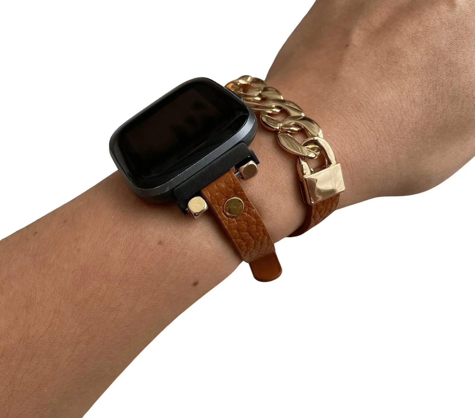 Light Brown Leather Wrap Watch Band for Fitbit Versa