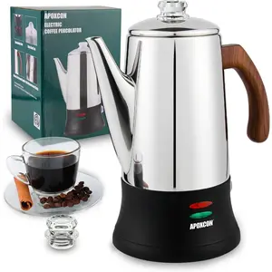 Coffee Percolator Stainless Coffee Maker with Two Heat Resistant Knob & Treated Wood Handle Keep Warm Serve Elegant Coffee Pot On/OFF Switch 8 Cup