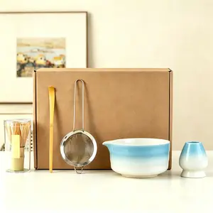 5-In-1 Japanese Matcha Tea Set, Blue & Gradient Ceramic Bowl, Bamboo Whisk, Tea Sieve, Scoop, Whisk Holder, Beginner Kit
