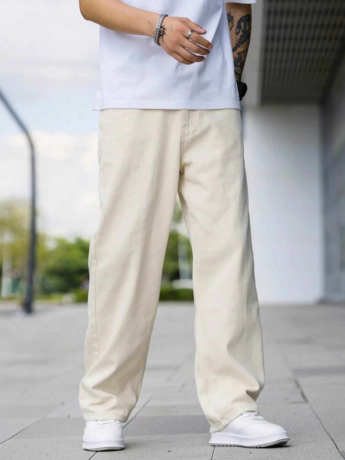 1 Piece Minimalist & Versatile Classic Off-White Loose Straight Leg Draped Casual Streetwear Pants Plain Denim Trousers Denim Jeans for Men's Daily Wear