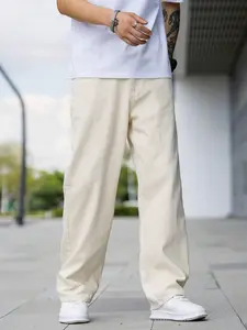 1 Piece Minimalist & Versatile Off-White Loose Straight Leg Draped Casual Streetwear Denim Jeans for Men's Daily Wear