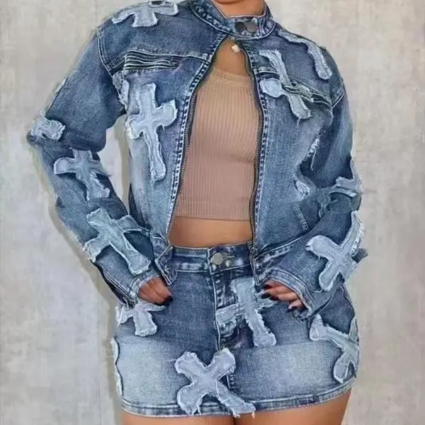 Gradient Light Wash Raw Fray Cross Patch Stand Collar Zip Up Cropped Denim Jacket High Waist Matching Mini Skirt Two Piece Outfit Women Heavy Denim Y2K Alt Punk Coquette Night Club Street Matching Set