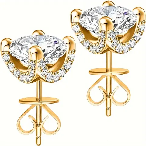 High Quality Earrings - Unisex 18K Gold-Plated Sparkling Zircon Earrings with 1 Carat Gemstones, Crafted Fashion Costume Body Jewelry for Engagement, Daily Wear