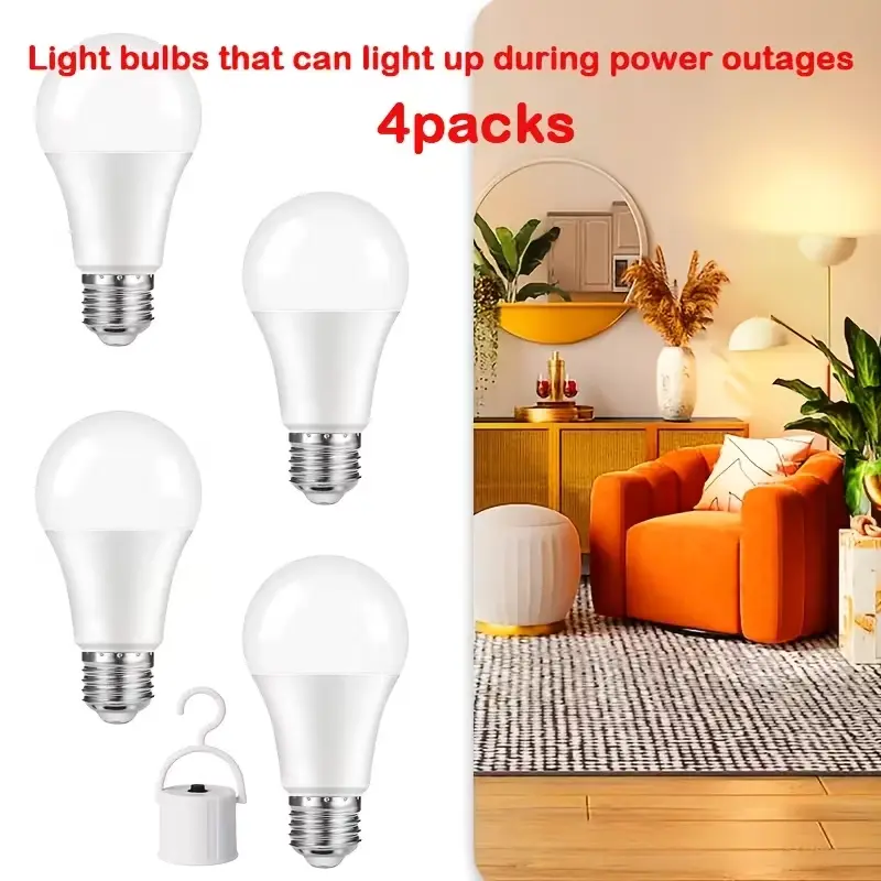 Rechargeable LED Light Bulbs Emergency Backup, A Light Bulb That Automatically Lights Up During A Power Outage 60W Equivalent Self-Charging Bulbs with 1800Mah Battery, E26/E27 Screw Base, 4/8pcs for Power Outages, Camping & Daily Use