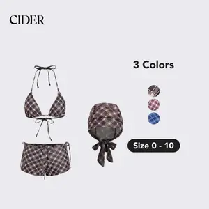 Cider Halter Neckline Check Knotted Triangle Tie Side Bikini Set With Cover Up Shorts & Headscarf
