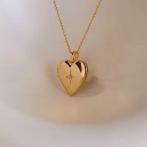 North Star Heart Locket Necklace by Caitlyn Minimalist - Celestial Diamond Heart Pendant Necklace - 18K Gold Plated Photo Necklace - Birthday Gift for Her - Graduation Gift