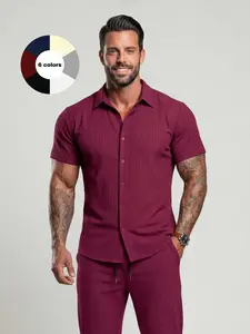 KZZ Men's Maroon Button-Front Shirt & Drawstring Pocket Trousers Set - Casual Short Sleeve Fitted Shirt & Elastic Waist Trousers for Summer Wear - Formal Menswear, FallFreshness Shortsleeve christmas gifts for him SpringStatements