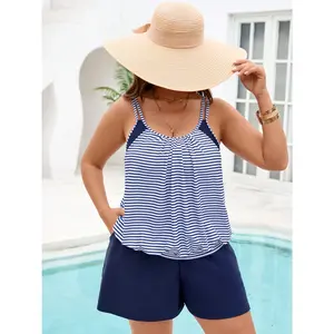Plus Size Women's Summer Vacation Chic Classic Stripe Print Double Spaghetti Strap Ruched Round Neck Tankini Top With Pocketed Boyshort Bottoms, Two Piece Summer Bikinis Swimsuits Outfits For Women Family Beach Trip Poolside Hangout Cruise Holiday