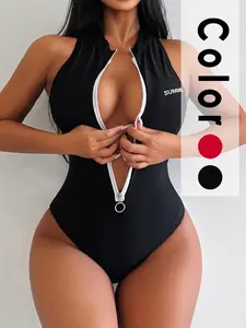 Women's Zipper Neck Stylish One-Piece Sexy Vacation Beach Bikini Swimsuit Bodysuit, Elegant & Comfortable Summer Swimwear