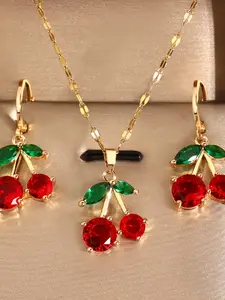 1 Necklace, Earrings Set - Exquisite Red Cherry Design, Elegant Fashion Jewelry Accessories - Perfect for Gifting, Daily Gatherings, Party, Holiday Wear, Birthday Gifts for Daughters, Girlfriends, Moms